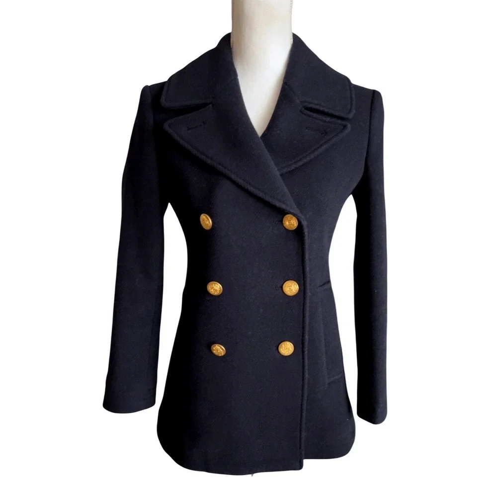 J. Crew Navy Wool PeaCoat Stadium‎ Cloth by Nello Gori SZ: 0P